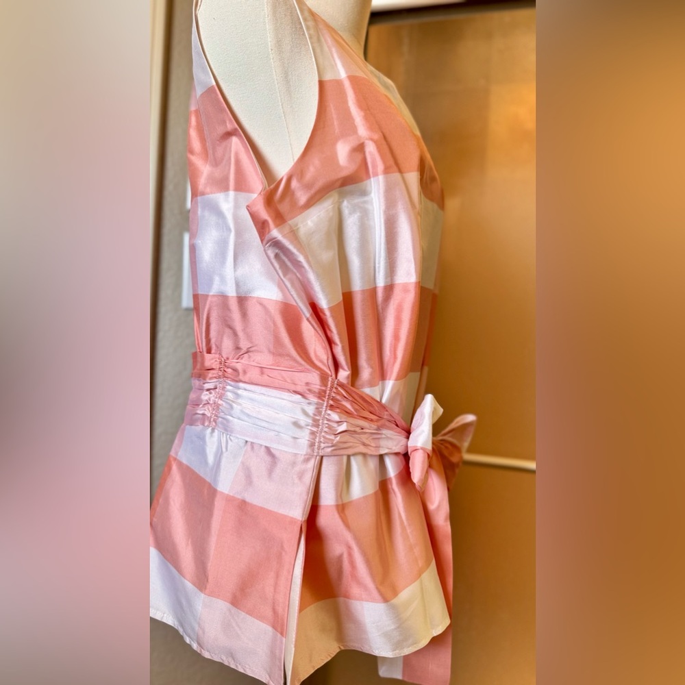 SARA CAMPBELL Silk Peach Plaid Bow Sash Tie Waist Sleeveless Blouse Fully Lined - Picture 9 of 16
